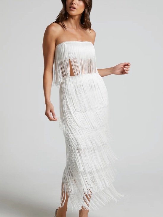 Showpo. Dresses & Skirts - Showpo White Strapless Fringe Maxi Dress